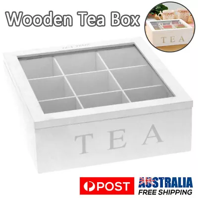 White Tea Box Wooden Tea Bag Chest Box Storage Organizer 9 Compartments AU Stock • $38.65