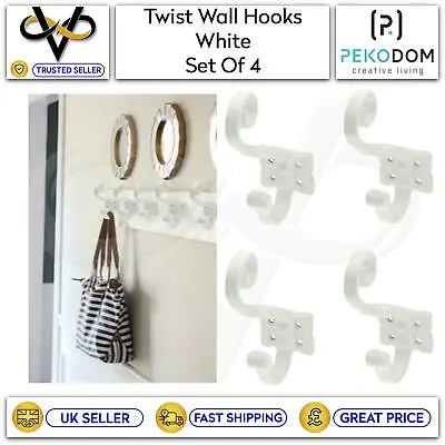 4x Vintage Classic Cast Iron Hat & Coat Hooks Double Hanging Peg Coat Hook White • £6.95