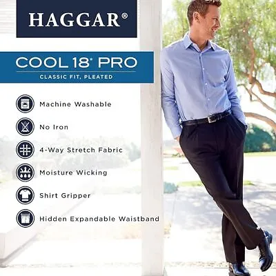 HAGGAR Mens Cool 18 PRO Classic-Fit Expandable Waist Pleated Pants 36 X 32 • $13.53
