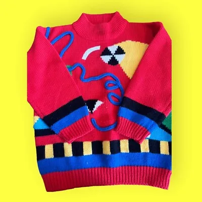 Funky Sweater Vintage 80s Retro Crazy Medium Red Brightly Colored Geometric • $27.19