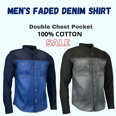 Men's Faded Denim Shirt  Long Sleeve Contrast Slim Fit 2 Chest Pocket S-2XL (DG) • £11.95