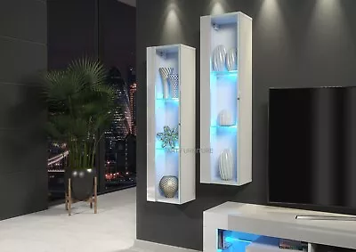 1x Glass Display Cabinet Wall Mounted White Gloss Front LED Lights • £119.90