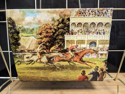 £32 • Buy Vintage Magazine Rack Tin Plate Scene Horse Racing Theme Mid Century