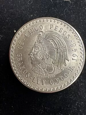 1948 Mexico 5 Cinco Pesos 90% Silver Coin Cuahutemoc • $42