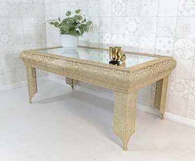 £139 • Buy Antique Gold Coffee Table Embossed Moroccan Style Metal Mirrored Glass (GZ424)