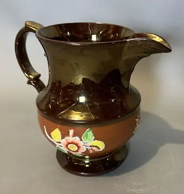 Antique English Copper Luster Ware Mocha Floral Band Pottery Pitcher 19th C • $149