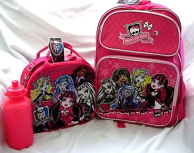 Monster High Pink 16  Backpack And Monster High Lunchbox With Water Bottle-New! • $129.99