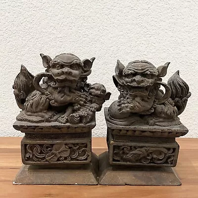 Pair Of  Vintage Carved 9-inch Foo Dogs Asian Decor • $99.98