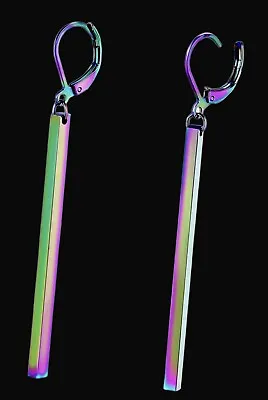 Iridescent Rainbow Stainless Steel Long Bar Dangle Earrings Rhodium Plated • $14.99