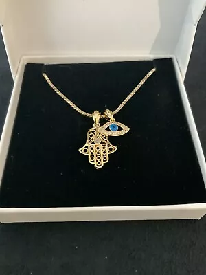 18k 18ct Gold Filled 18” Chain Necklace & Lucky Hand Hamsa & Evil Eye Ref:-125 • £13.99