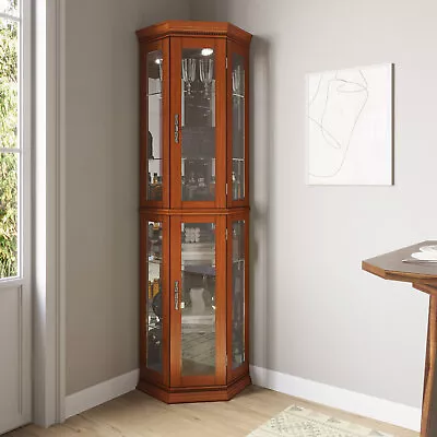 Light Oak Finish 5-Sided Lighted Corner Curio Cabinet Home Accent Furniture • $425