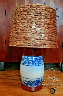 Delft Look White And Blue Pottery Lamp With Wicker Shade • $99