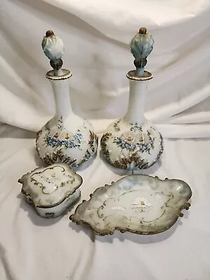 Antique Dithridge & Co Victorian Blue Milk Glass Filigree Floral Dresser Set • $249.99