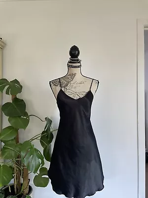 Vintage Black Silky Satin Ruffle Bias Mini Slip Dress Fairy Goth Lingerie • $40