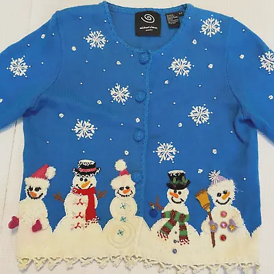 Michael Simon Sweater P/P Women's Cardigan Snowmen Snowflake Beaded Blue • $60