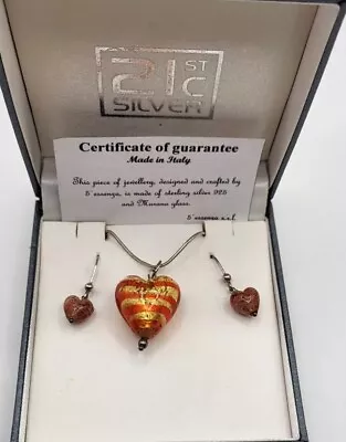 Lovely True Murano 925 Silver Necklace & Earings Set With COA 16in Boxed • £22