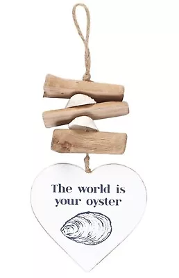 £6.99 • Buy THE WORLD IS YOUR OYSTER Hanging Driftwood Heart Sign Oyster Shell Design