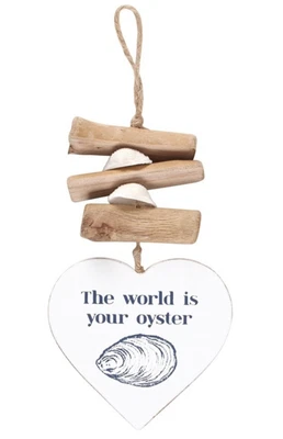 £6.99 • Buy THE WORLD IS YOUR OYSTER Hanging Driftwood Heart Sign Oyster Shell Design