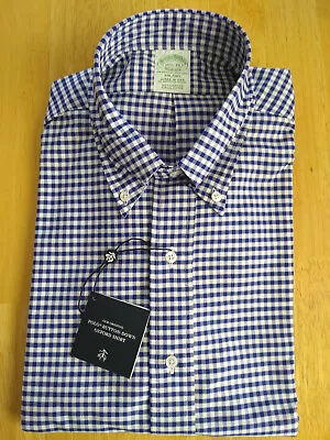 NWOT Brooks Brothers Navy Blue White Gingham Check Oxford Milano MSRP $140 • $58