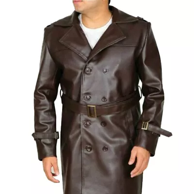 Classic Men's Genuine Lambskin Leather Trench Jacket Brown Button Long Coat • $180.49