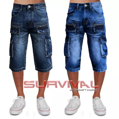 Mens New Cargo Walk Shorts Blue Washed Quality Denim 8 Pocket Jeans Sizes 28-40 • $45.01