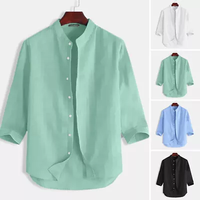 Mens 3/4 Sleeve Cotton Linen Casual Henley Tops Office Formal Button Up Tee Tops • $16.76