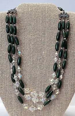 Vintage Aurora Borealis Glass Bead Necklace Green Barrel Beads Triple Strand • $12.25