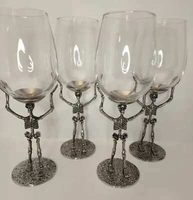 X4 Halloween Skeleton Body Hand Wine Glasses Silver Clear Glass Set Of 4 • $149.99