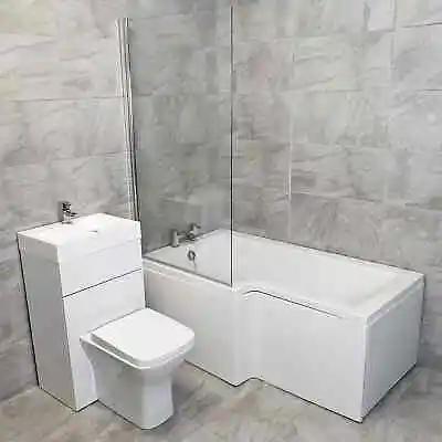 L Shaped 1700 Showerbath Suite Inc Taps & Compact Toilet + Sink Unit Left Hand • £629.99