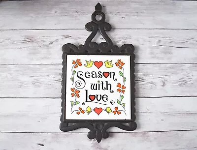 Vintage Cast Iron Trivet With Ceramic Tile  Season With Love  Made In Taiwan • $18.95