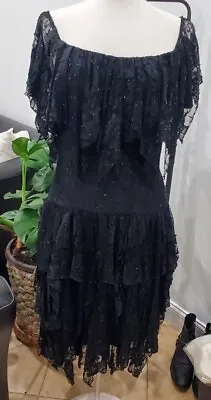 VTG 80s 90s Black Mexican Off Shoulder Ruffled Layered  Ethnic Dress Sz 8 • $80