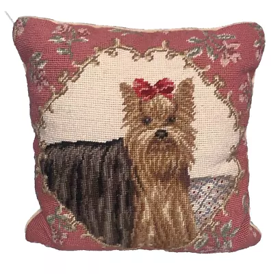 Vintage Yorkie Pillow Wool Embroidery Velvet 13” Square Insert Yorkshire Terrier • $65