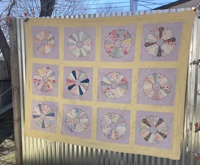 Vintage Handmade Hand Quilted Feed Sack 30s Dresden Plate Quilt 82x65 Farmhouse • $99