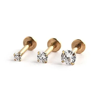 (2pc)16g Gold Plated Straight Flat Back Barbell With PRONG Clear RoundCZ T/TL/17 • $5.99