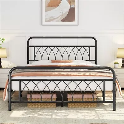 Single/Double Bed Frame Metal Platform Bed W/ Petal Accented Headboard/Storage • £65.99