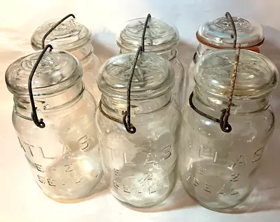 Lot Of 6 Vintage ATLAS E-Z SEAL JARS & LIDS Clear Glass QUART Bale Mason Canning • $22