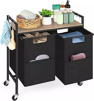 Rolling Laundry Hamper Basket With 11.8 Gal Double Removable Bags And Gray Wood • $37.99