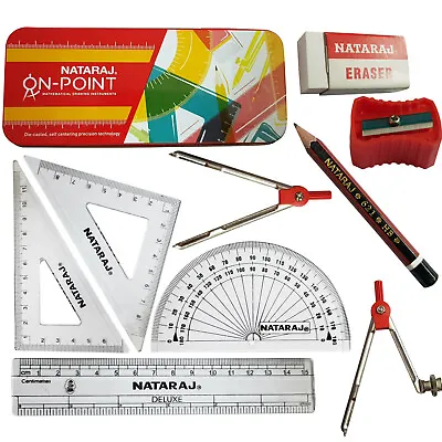 £4.99 • Buy NATARAJ Geometry MATHS Tin Set Compass Protector Ruler Divider Squares Pencil