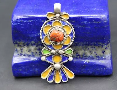 Tuareg Moroccan Silver Enamel Pendant Coral Stones Pendant Colorful Pendant • $31.99