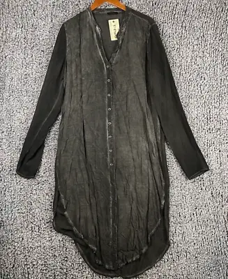 T Party Top Extra Long Sheer Button Down Tunic Long Sleeve Charcoal Women's L • $19.97