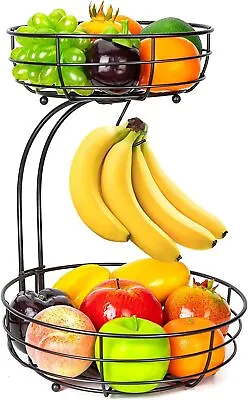 Fruit Basket 2-Tier Fruit Bowl With Banana Hanger Kitchen Countertop Rack • £21.49