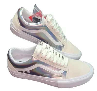 Vans Old Skool Pro Shoes (Iridescent) True White Silver Women's Size 8.5 New • $60.99