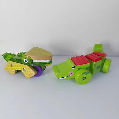 Fisher Price 2x Crocodile Wood Toys Chomping Gator Push Wheels Jaw Moves VGC HTF • $29.99