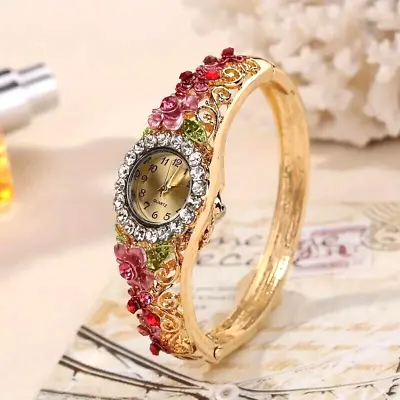 Women Vintage Flower Baroque Rhinestone Quartz Bangle Watch Analog Wrist Watch • $26.98