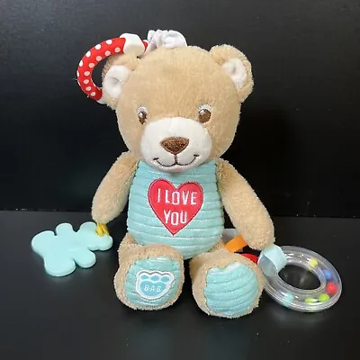 Build A Bear I Love You Teddy Bear Plush Baby Toy Rattle Blue Tan Teether Clip  • $7.99