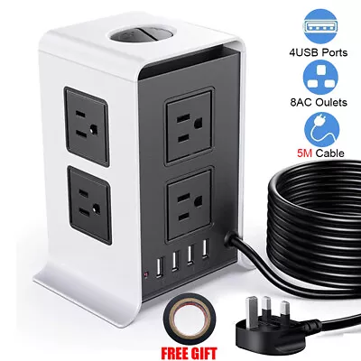 5M Tower Extension Lead Multi Socket 8 Way Plug USB Extension Surge Protection • £18.99