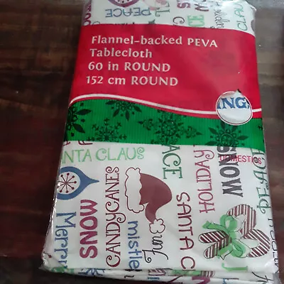 Christmas Santa Candy Canes Peva Vinyl Tablecloth 60 In. With Flannel Back • $12.99