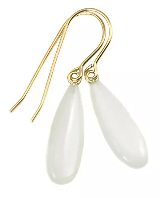 White Moonstone Earrings Smooth Long Teardrops Sterling 14k Yellow Solid Gold • $35