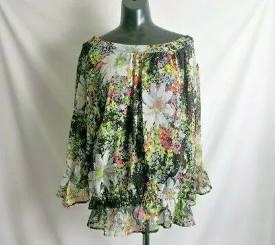 R Q T Women's Blouse L Sheer Floral W/ Black Camisole Sewn In Peasant Top Boho • $13