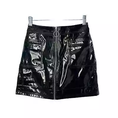 Topshop Black Vinyl Shiny Faux Patent Leather Full Zip Mini Skirt US Sz 2 NEW  • $15